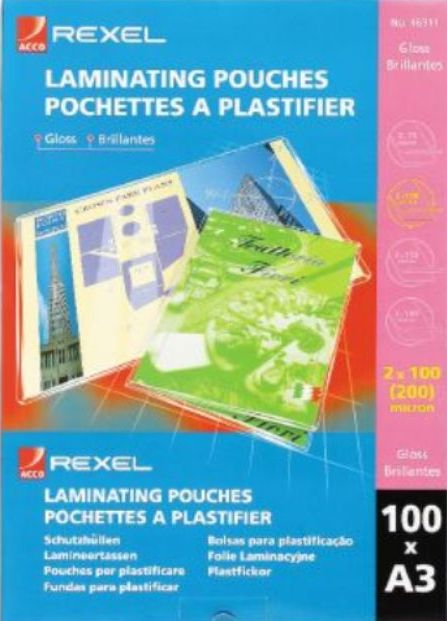 Rexel 46311 A3 Laminating Pouch Gloss 200 Micron Box 100